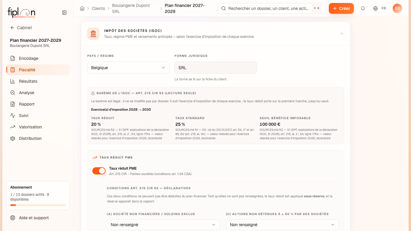 L'onglet Fiscalité, section ISoc : le barème en lecture seule et les conditions (a) et (c).