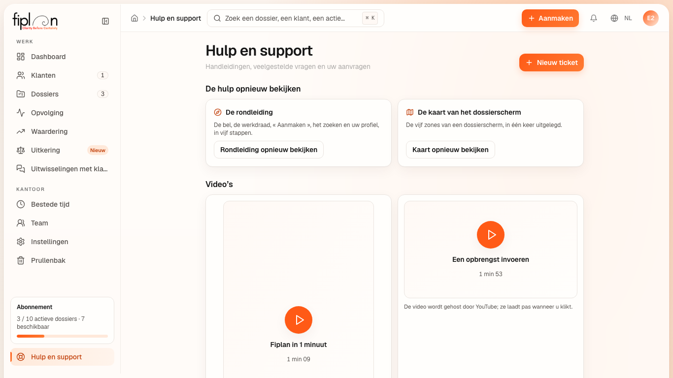 De pagina Hulp en support — de drie handleidingen, de veelgestelde vragen en de lijst van de aanvragen.