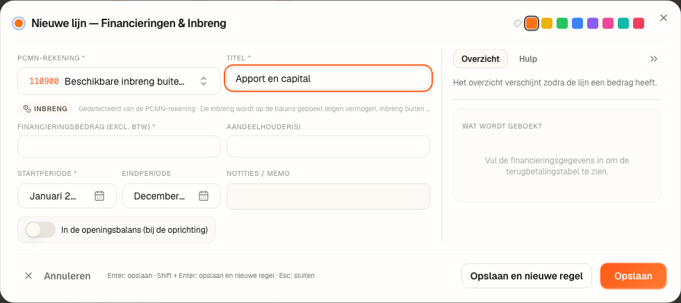 Het venster voor een nieuwe lijn in Financieringen & Inbrengen op rekening 110900: een inbreng in geld.