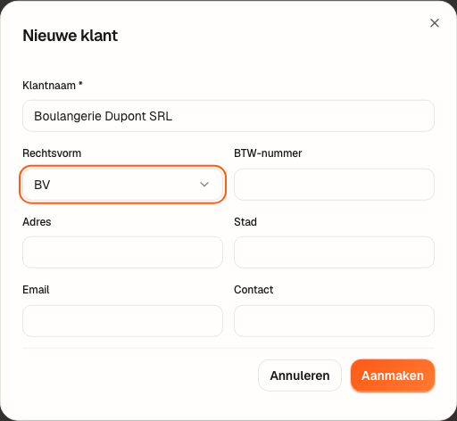 Het venster “Nieuwe klant”, ingevuld voor Boulangerie Dupont SRL.