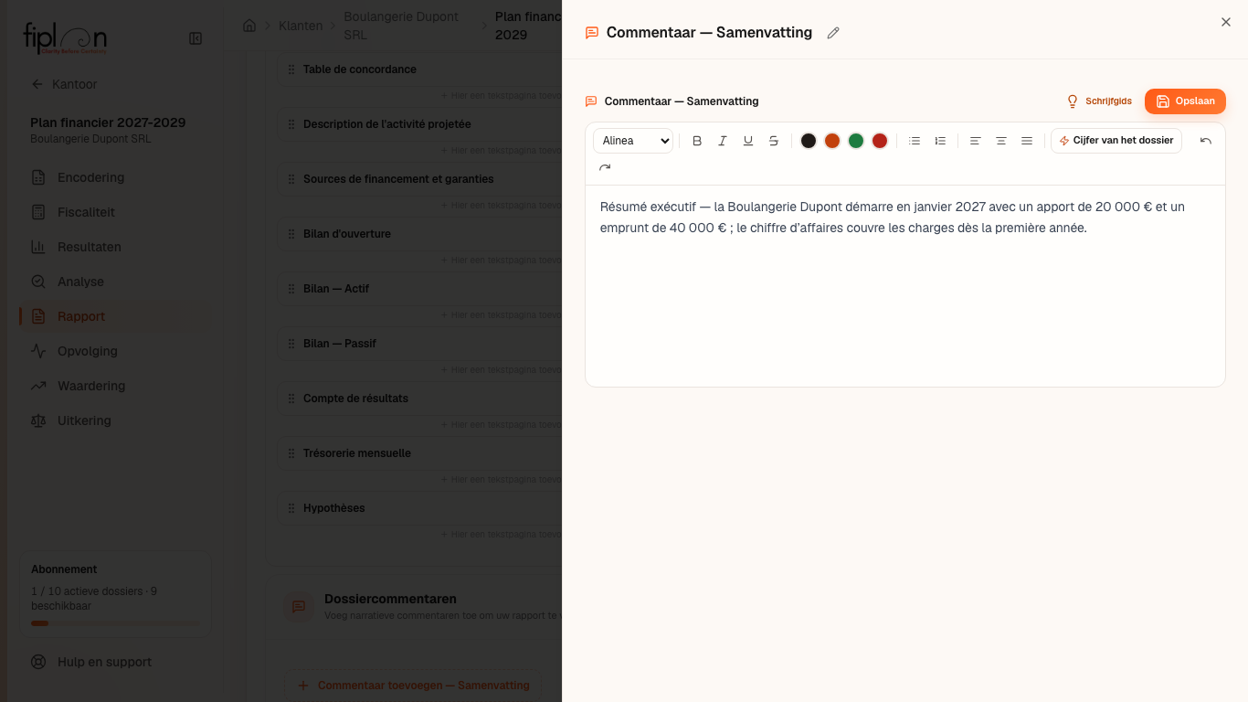 Het paneel “Dossiercommentaren”, onder de instellingen van de module Rapport: de managementsamenvatting van Bakkerij Dupont, in opmaak.