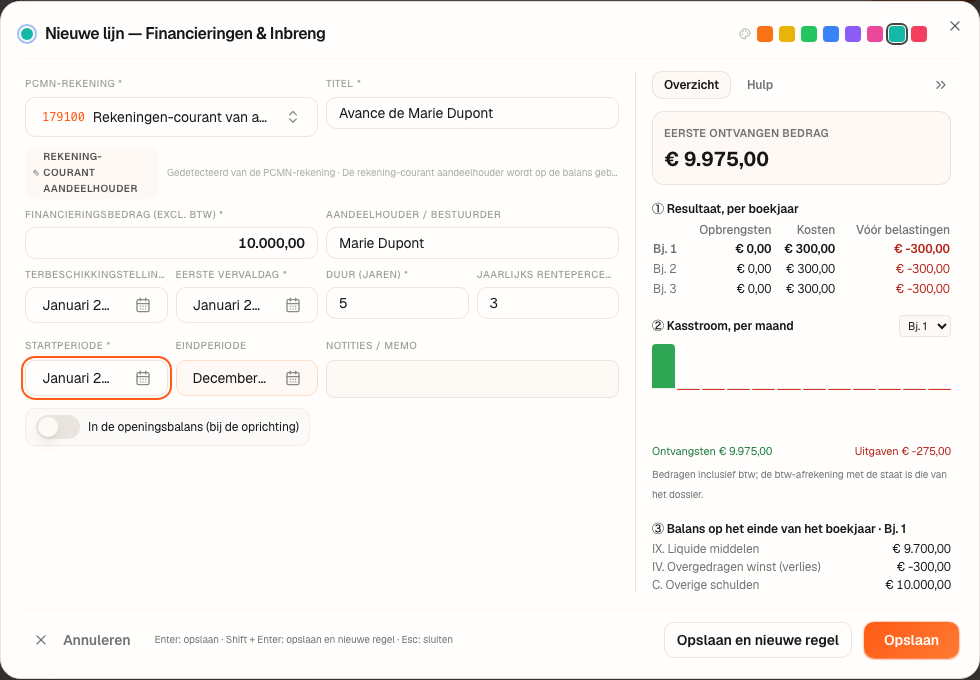 Het venster op rekening 179100: € 10.000 voorgeschoten door Marie Dupont, 3%, 5 jaar.