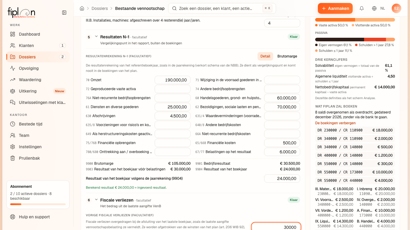 De stap “5 · Resultaten N-1”, modus Detail, de berekende totalen en de controleregel.