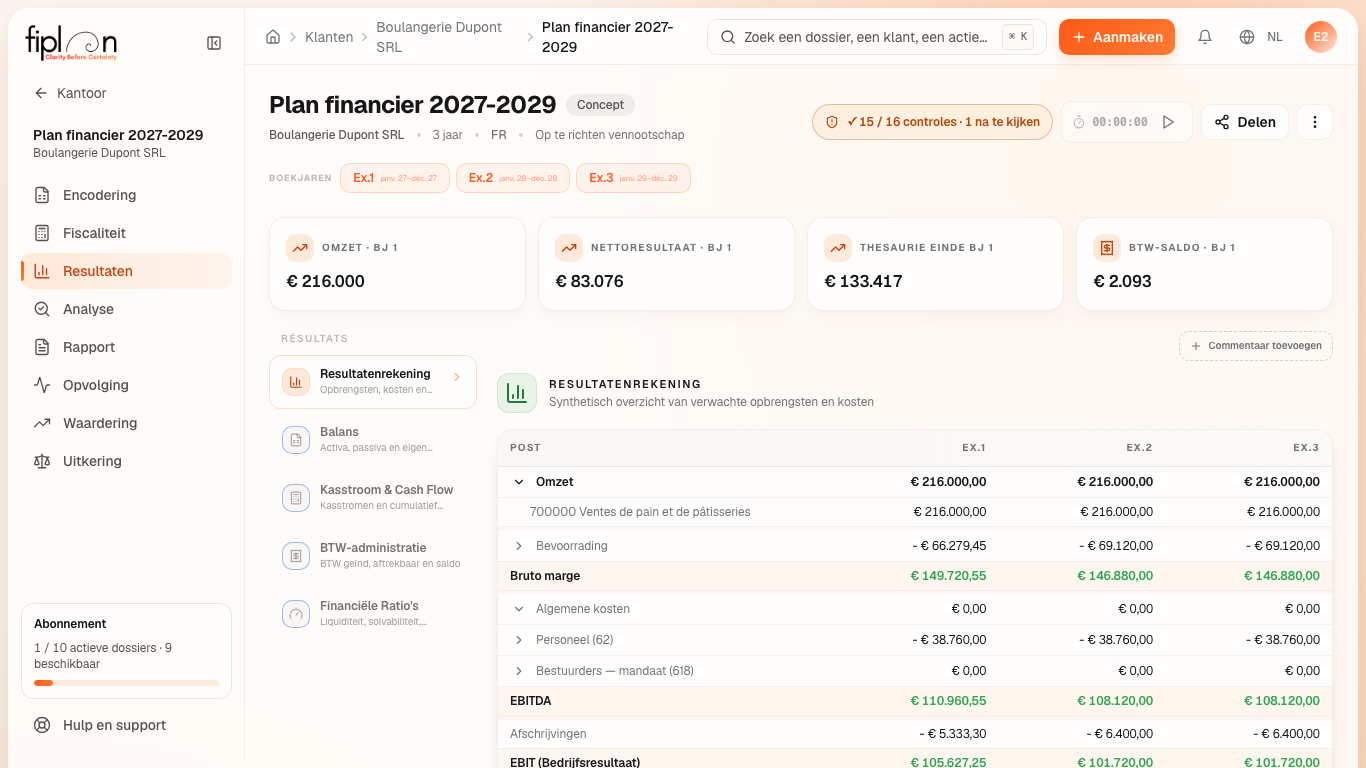 Het tabblad Resultatenrekening van Boulangerie Dupont: de vier kaarten, de tabel over drie boekjaren en de twee grafieken.