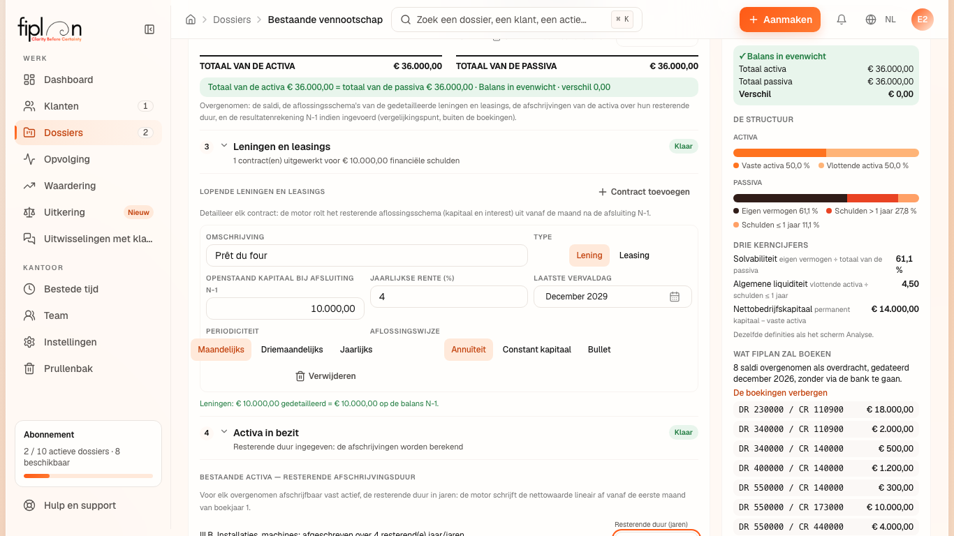 De stappen “3 · Leningen en leasings” en “4 · Activa in bezit” van de aanmaakpagina, ingevuld.