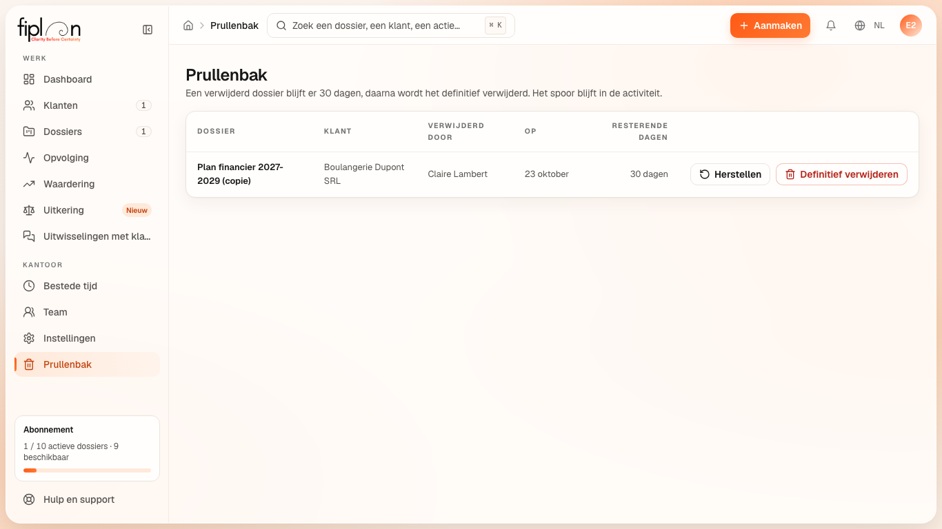 De prullenbak van het kantoor — dossier, klant, verwijderd door, op, resterende dagen.