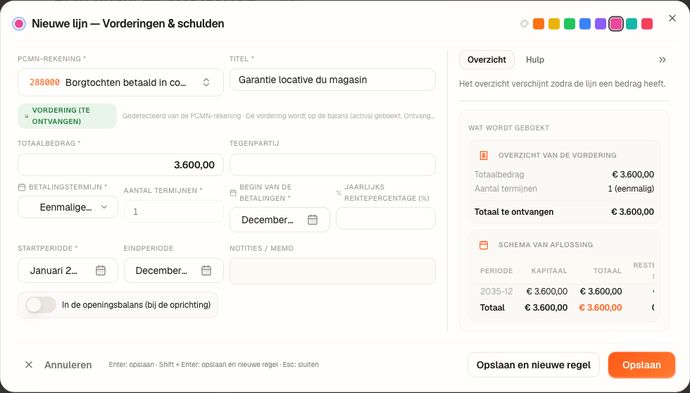 Het venster “Nieuwe lijn — Vorderingen &amp; Schulden”: een huurwaarborg van € 3.600.