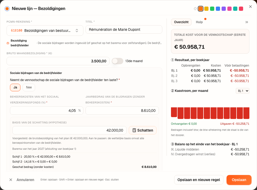 Het venster “Nieuwe lijn — Bezoldigingen” op rekening 618100: € 3.500 bruto per maand en de uitsplitsing.