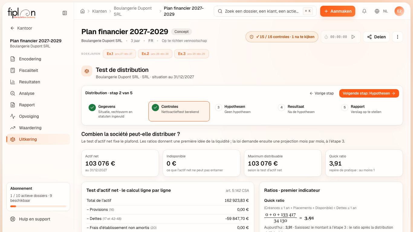 Stap ② van Boulangerie Dupont: de vier indicatoren en de nettoactieftest regel per regel.