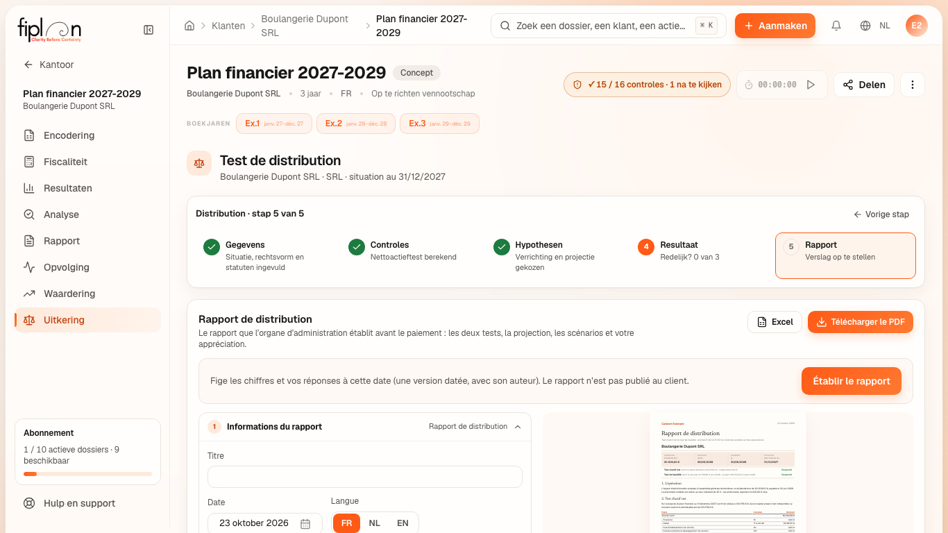 Stap ⑤ van Boulangerie Dupont: de instellingen van het verslag links, het voorbeeld van de pdf rechts.