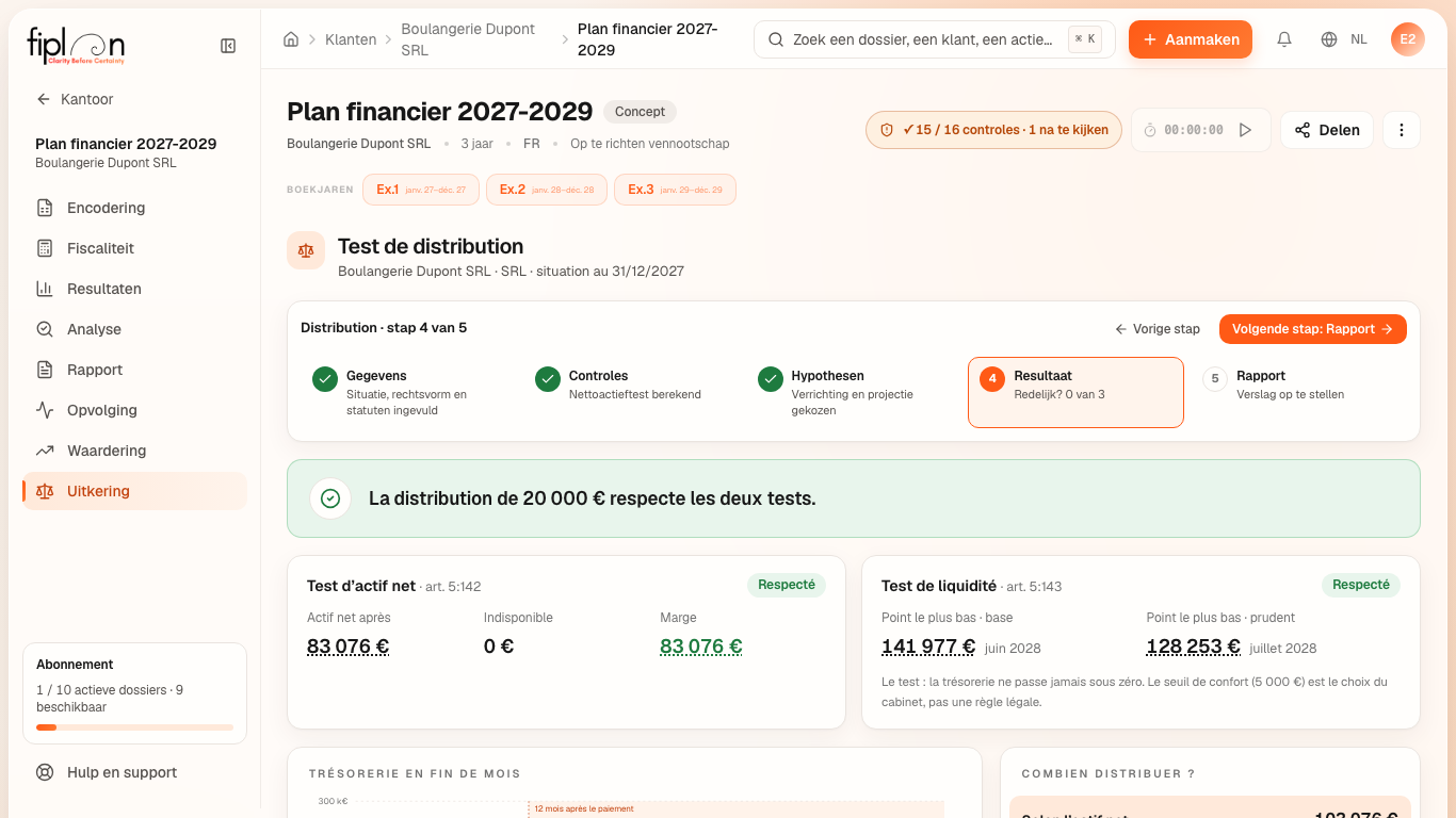 Stap ④ van de uitkeringstest van Boulangerie Dupont: het oordeel, de twee tests en de thesaurie op het einde van de maand.