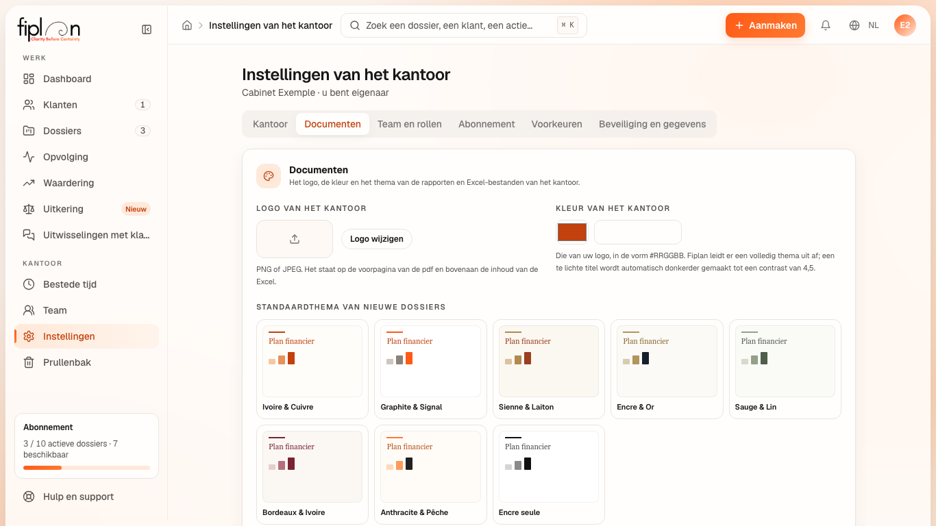 Het tabblad Documenten van de instellingen: het logo, de kleur en het standaardthema.