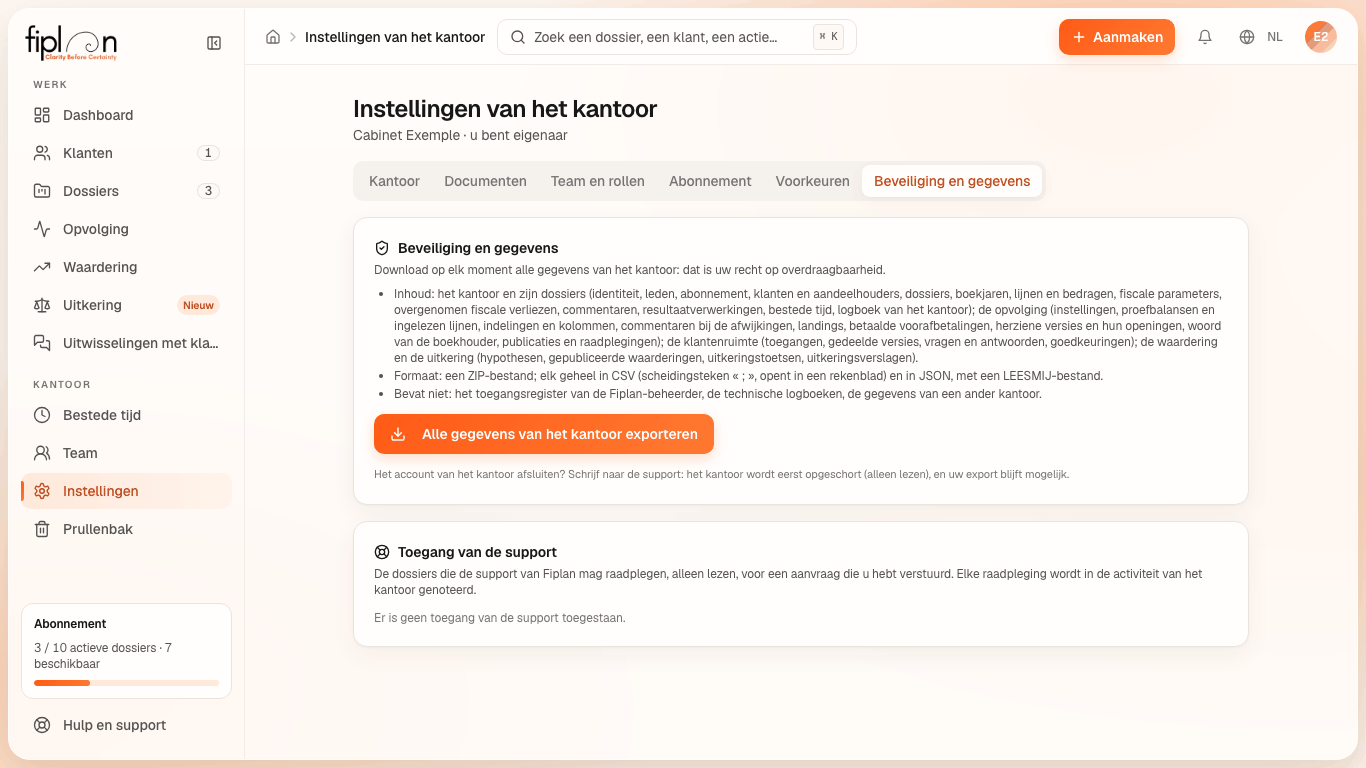 Het tabblad Beveiliging en gegevens van de instellingen: de beschrijving van de export en de knop ervan.