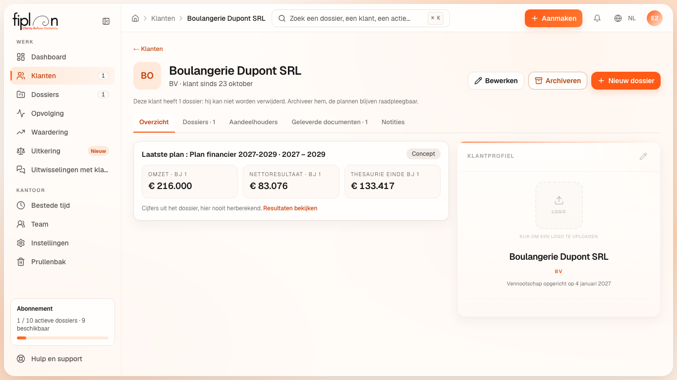 De fiche van Boulangerie Dupont SRL, tabblad Overzicht, met de kaart “Laatste plan” en haar drie cijfers.