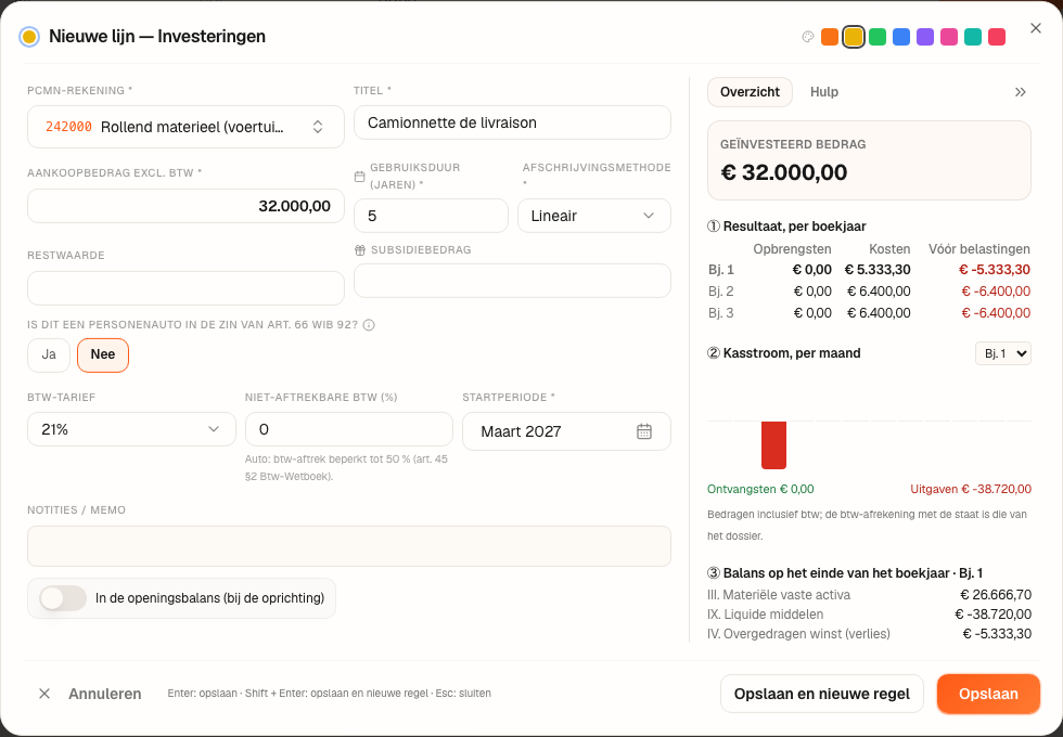 De bestelwagen: rekening 242000, € 32.000 excl. btw, 5 boekjaren, lineair, maart 2027, de vraag van art. 66 beantwoord met “Nee”, en de uitsplitsing.
