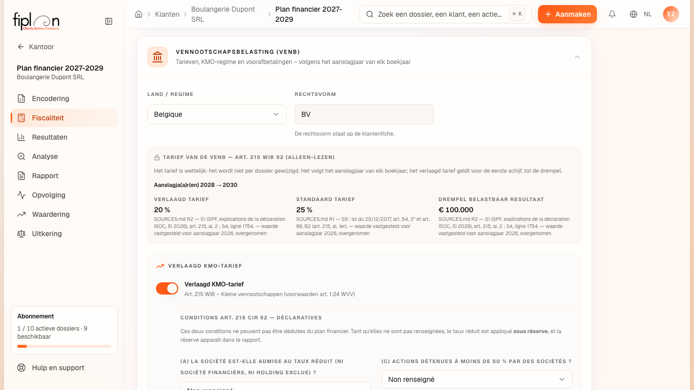 Het tabblad Fiscaliteit, sectie VenB: het barema (alleen-lezen) en de voorwaarden (a) en (c).