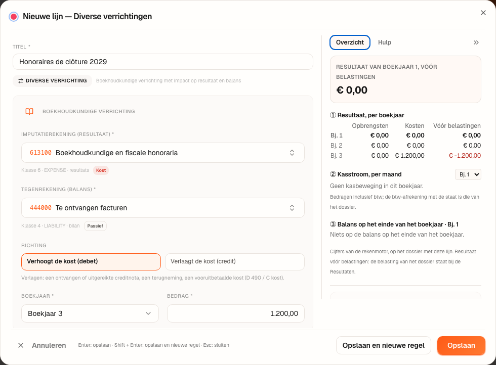 Het venster “Nieuwe lijn — Diverse verrichtingen”: honoraria 613100, boekjaar 3, € 1.200.