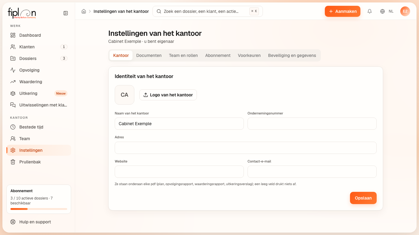 De pagina Instellingen van het kantoor, tabblad Kantoor: de identiteit van het kantoor en zijn logo.