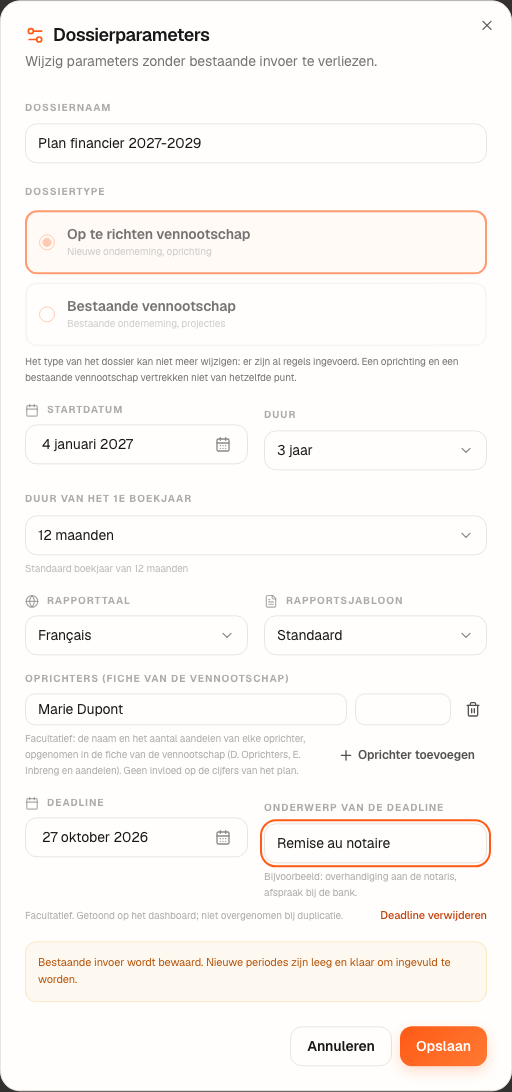 Het venster “Dossierparameters” van Boulangerie Dupont, met de deadline “overhandiging aan de notaris”.