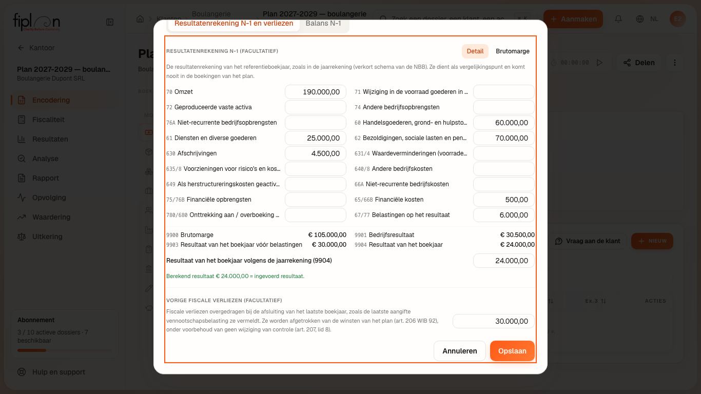 Het venster “Het N-1 corrigeren”: de vorige fiscale verliezen.