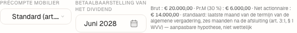 De bestemming van 2027: brutodividend € 20.000, standaardvoorheffing, en de samenvatting bruto, voorheffing, netto.