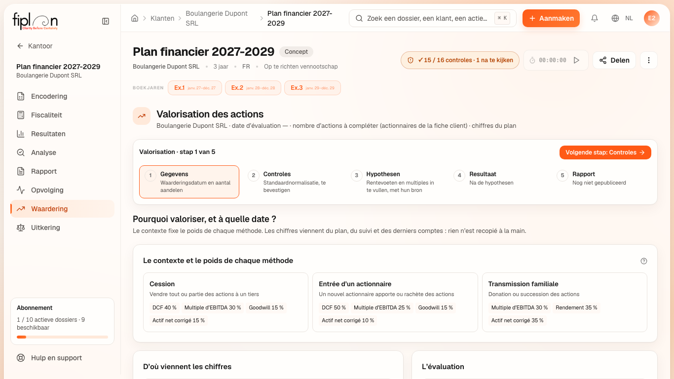 De module Waardering van Boulangerie Dupont bij stap ①: “Pourquoi valoriser, et à quelle date?” (waarom waarderen, en op welke datum?), de context en zijn gewichten, waar de cijfers vandaan komen.