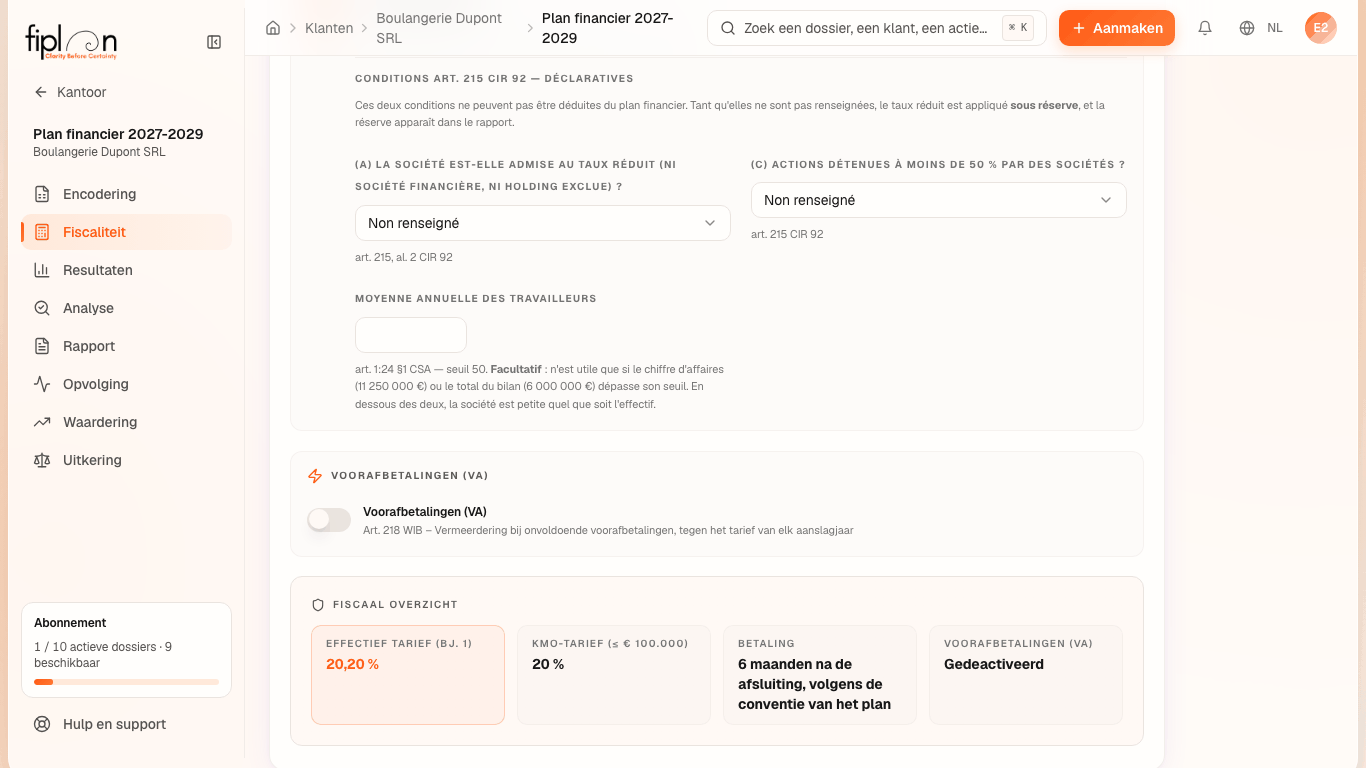 Het tabblad Fiscaliteit: de schakelaar van de voorafbetalingen en het deel per kwartaal.