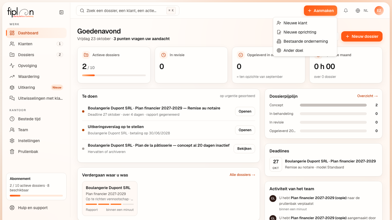 Het dashboard met de zijbalk van het kantoor, de bovenbalk en de knop “Aanmaken” geopend.