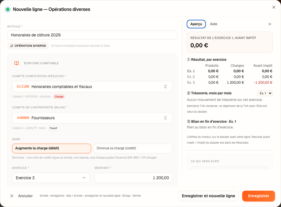 La fenêtre « Nouvelle ligne — Opérations diverses » : honoraires 613100, exercice 3, 1 200 €.
