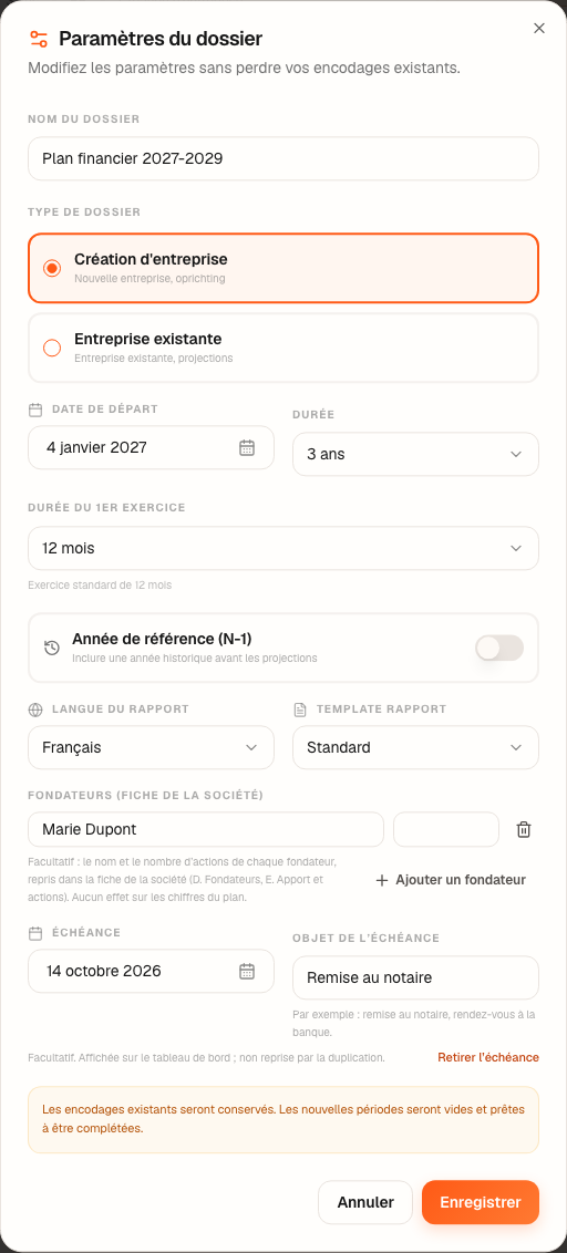 La fenêtre « Paramètres du dossier » de la Boulangerie Dupont, avec l'échéance « remise au notaire ».