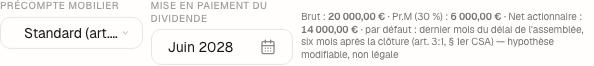 L'affectation de 2027 : dividende brut 20 000 €, précompte standard, et le résumé brut, précompte, net.