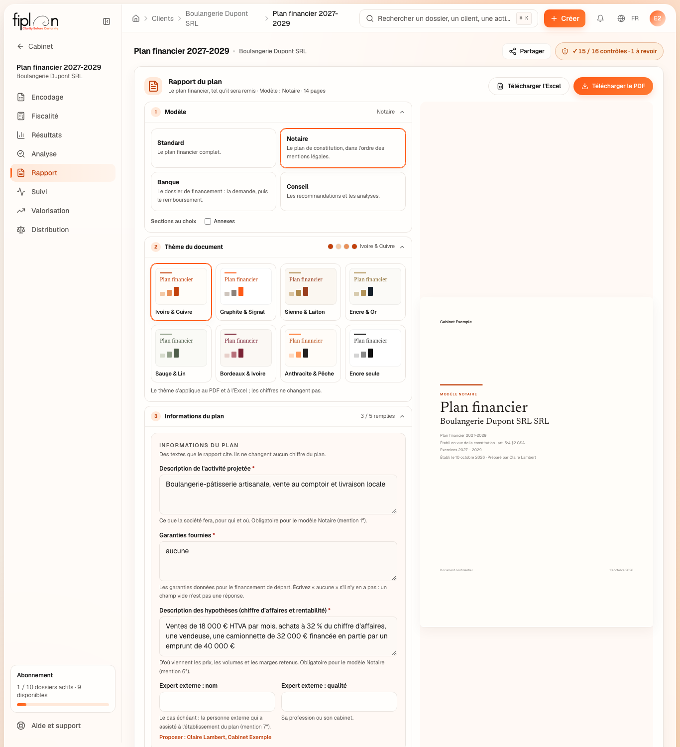 La page « Rapport du plan », modèle Notaire : les quatre réglages à gauche, le PDF en aperçu à droite et les boutons de téléchargement en haut.
