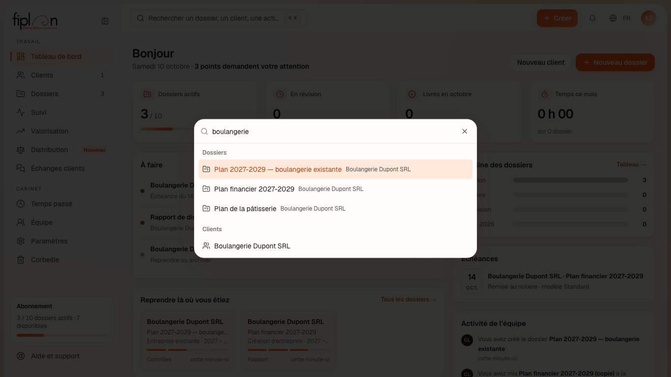 La recherche ouverte sur « boulangerie » : deux dossiers et le client.