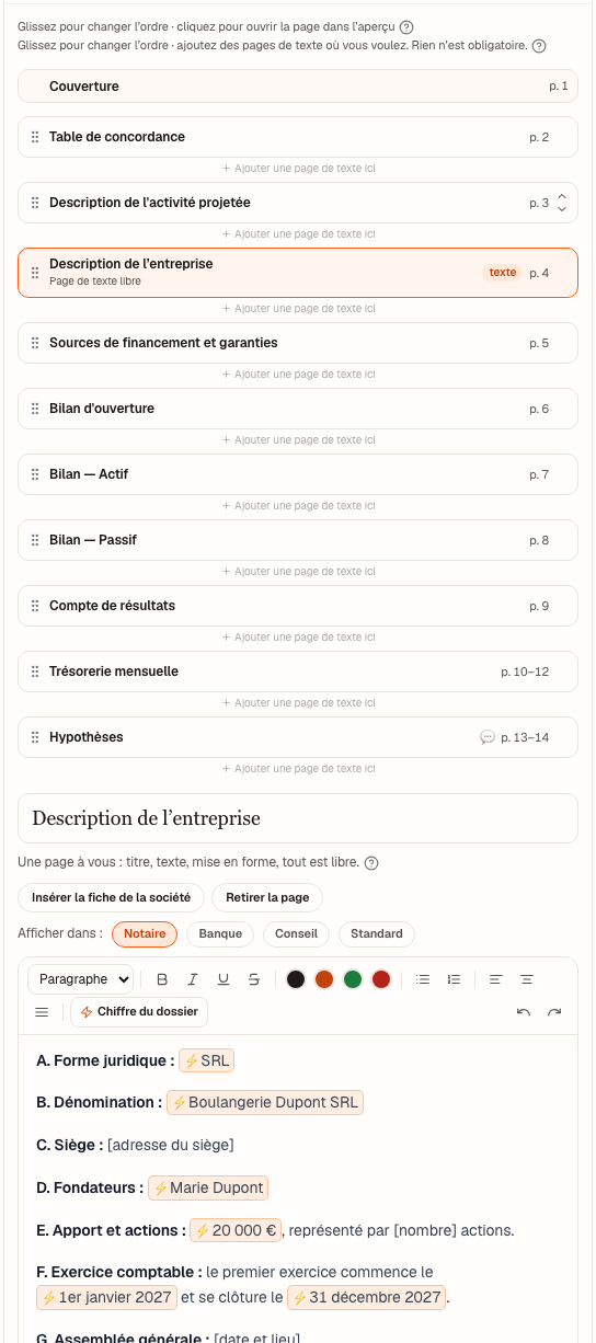 Le réglage ④ « Composer le rapport » : la couverture et les sections du modèle Standard avec leurs pages, une page « Description de l'entreprise » placée après la synthèse, et son éditeur.
