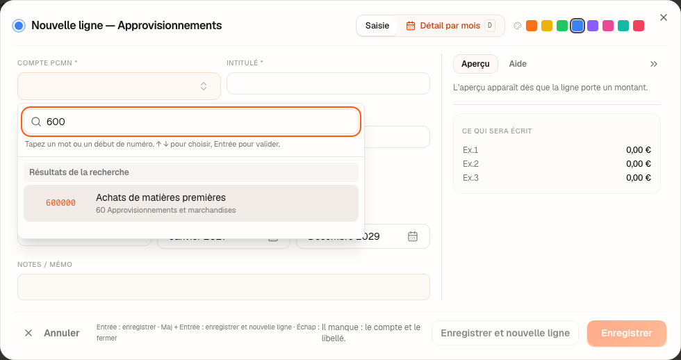Le sélecteur ouvert dans Approvisionnements : la recherche « 600 » et le compte 600000.