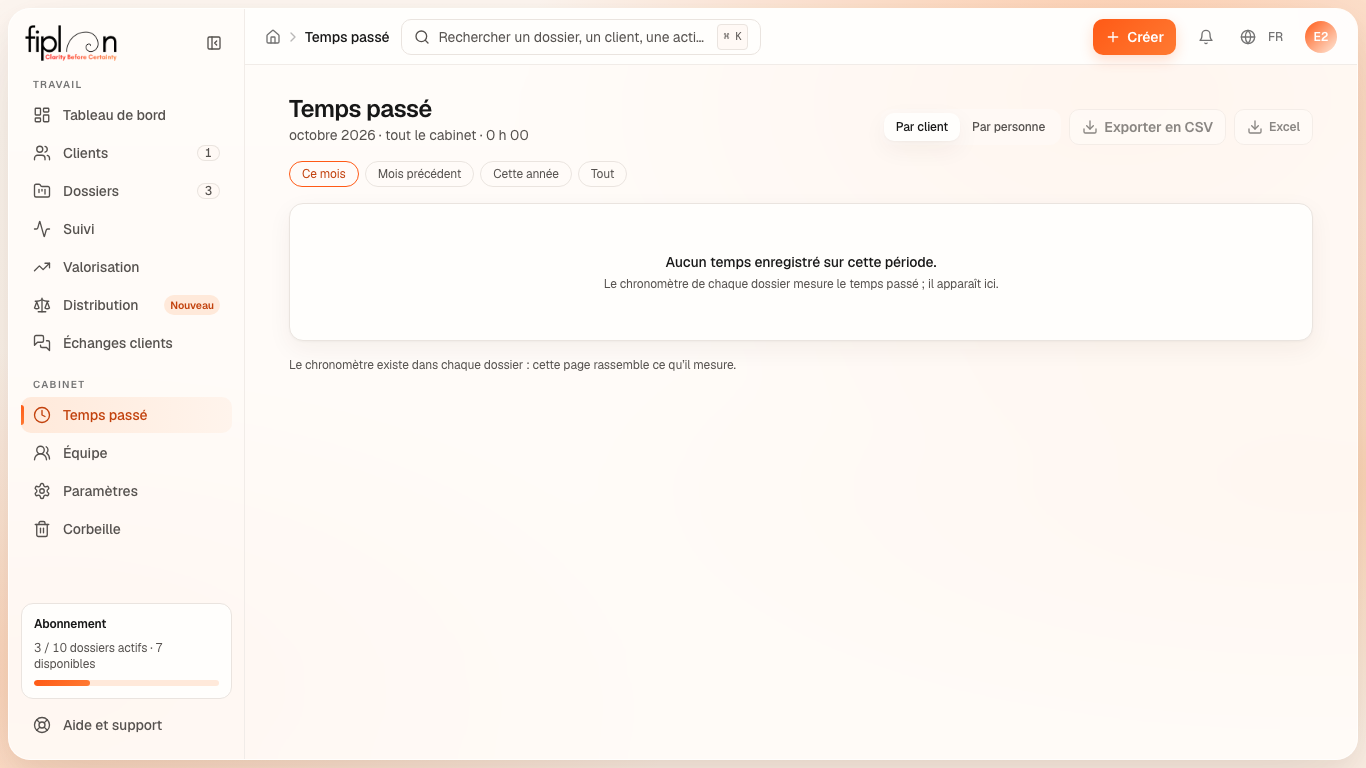 La page Temps passé, par client, ce mois-ci.