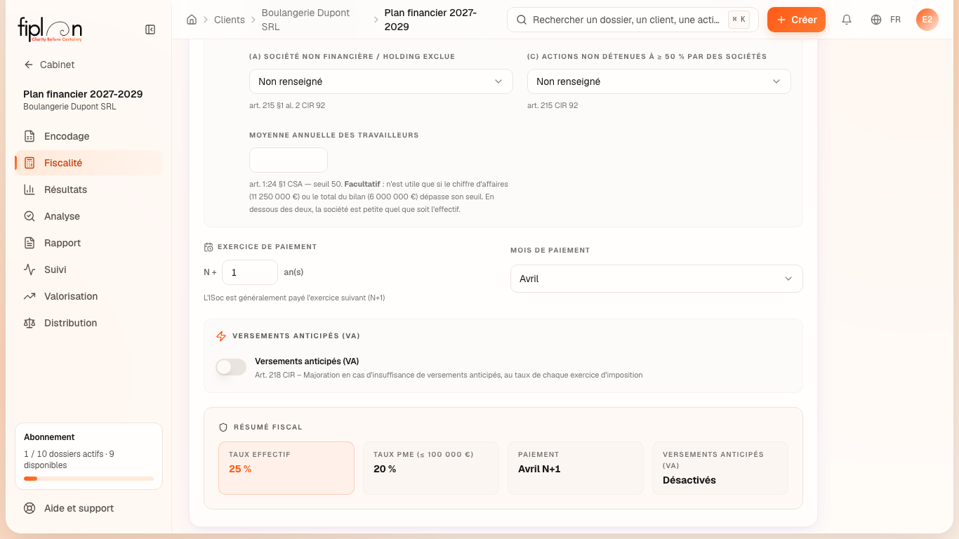 L'onglet Fiscalité : l'interrupteur des versements anticipés et la part par trimestre.